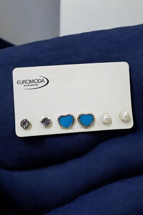 Kalp Tasarımlı Tektaş ve İnci Küpeli 3lü Küpe Seti