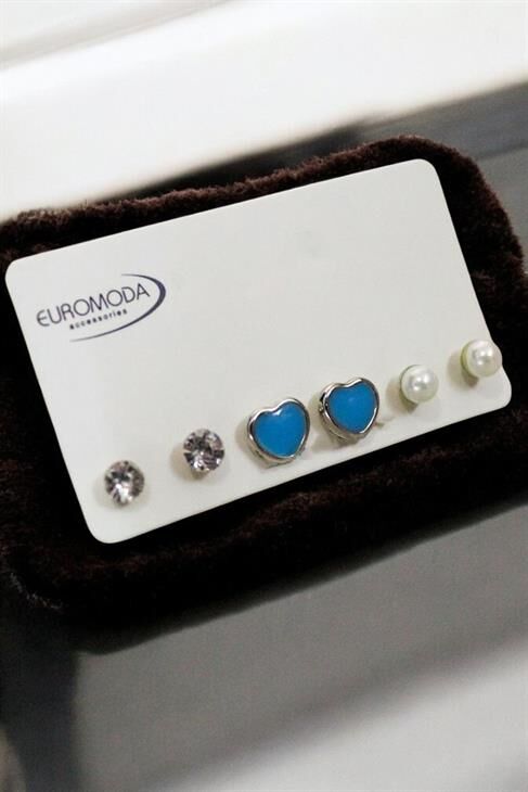 Kalp Tasarımlı Tektaş ve İnci Küpeli 3lü Küpe Seti