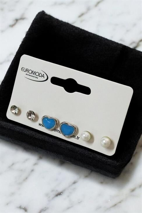 Kalp Tasarımlı Tektaş ve İnci Küpeli 3lü Küpe Seti