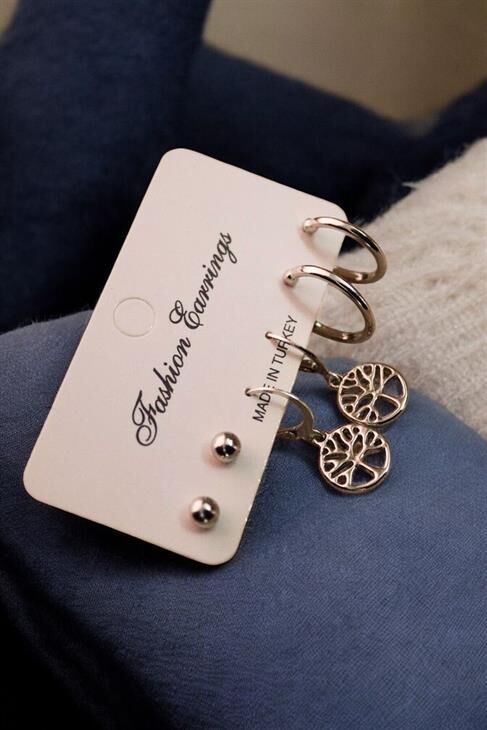 Yaşam Ağacı Tasarımlı Top ve Halka Küpeli 3lü Küpe Seti