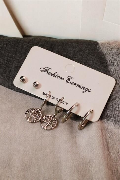 Yaşam Ağacı Tasarımlı Top ve Halka Küpeli 3lü Küpe Seti