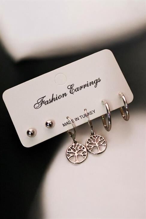 Yaşam Ağacı Tasarımlı Top ve Halka Küpeli 3lü Küpe Seti