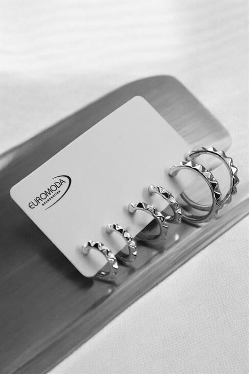 3 Boy Tırtıklı Gümüş ve Gold Renkleri Halka Küpeli 3lü Küpe Seti