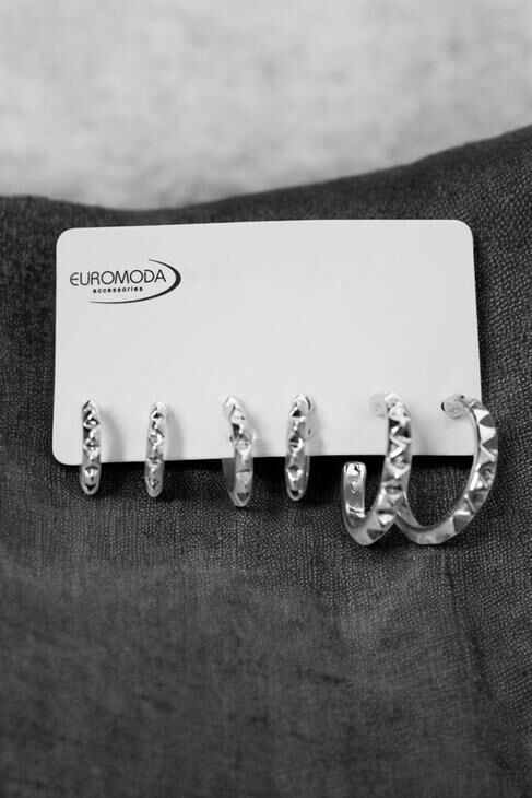 3 Boy Tırtıklı Gümüş ve Gold Renkleri Halka Küpeli 3lü Küpe Seti