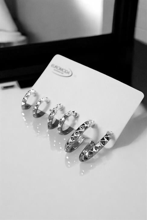 3 Boy Tırtıklı Gümüş ve Gold Renkleri Halka Küpeli 3lü Küpe Seti