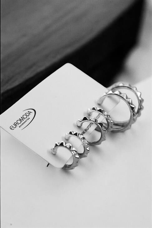 3 Boy Tırtıklı Gümüş ve Gold Renkleri Halka Küpeli 3lü Küpe Seti