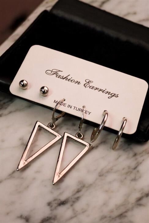 Üçgen Tasarımlı Top ve Halka Küpeli 3lü Küpe Seti