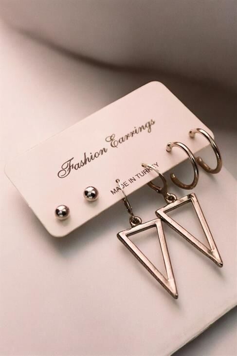 Üçgen Tasarımlı Top ve Halka Küpeli 3lü Küpe Seti