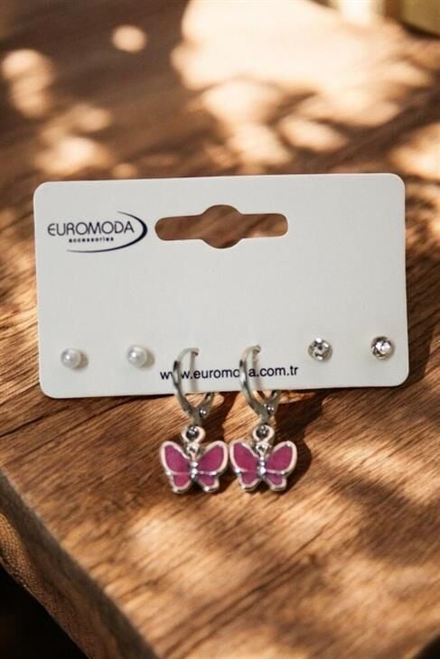 Mor Kelebek Tasarımlı Halka ve Top Küpeli 3lü Küpe Seti