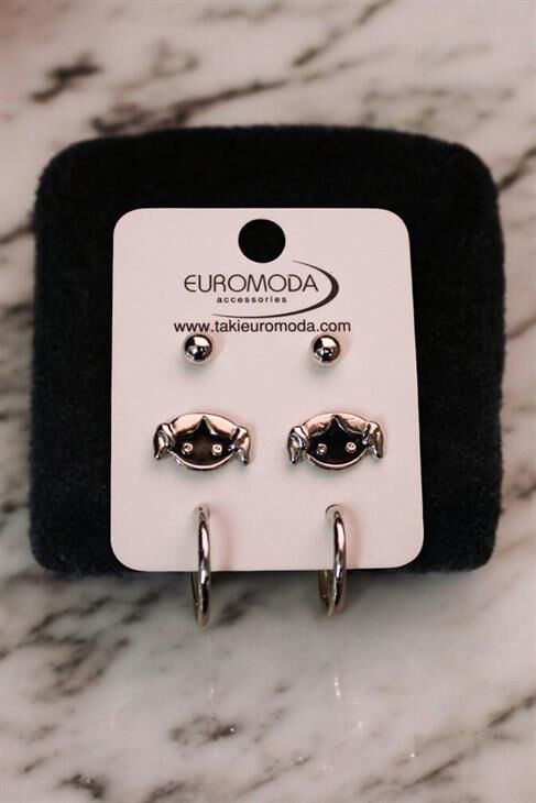 Kız Çocuğu Tasarımlı Halka ve Top Küpeli 3lü Küpe Seti