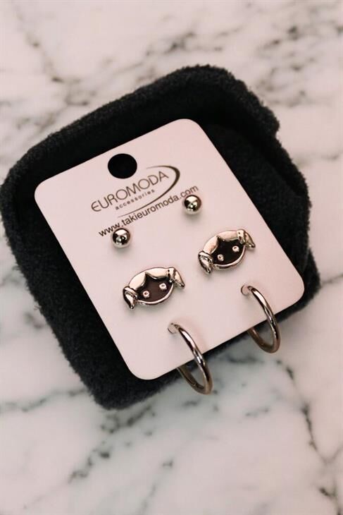 Kız Çocuğu Tasarımlı Halka ve Top Küpeli 3lü Küpe Seti