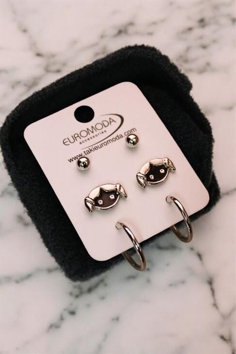 Kız Çocuğu Tasarımlı Halka ve Top Küpeli 3lü Küpe Seti