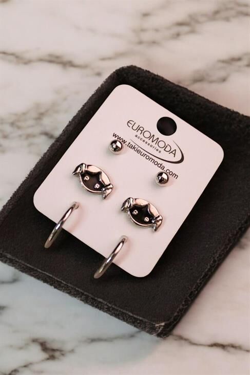 Kız Çocuğu Tasarımlı Halka ve Top Küpeli 3lü Küpe Seti