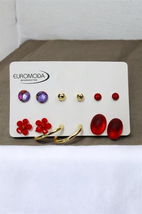 Halka Papatya Rengarek Küpe Tasarımlı Top ve Tektaşlı 6lı Kırmızı Küpe Seti