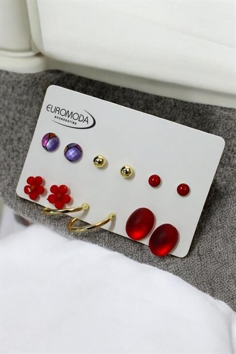 Halka Papatya Rengarek Küpe Tasarımlı Top ve Tektaşlı 6lı Kırmızı Küpe Seti