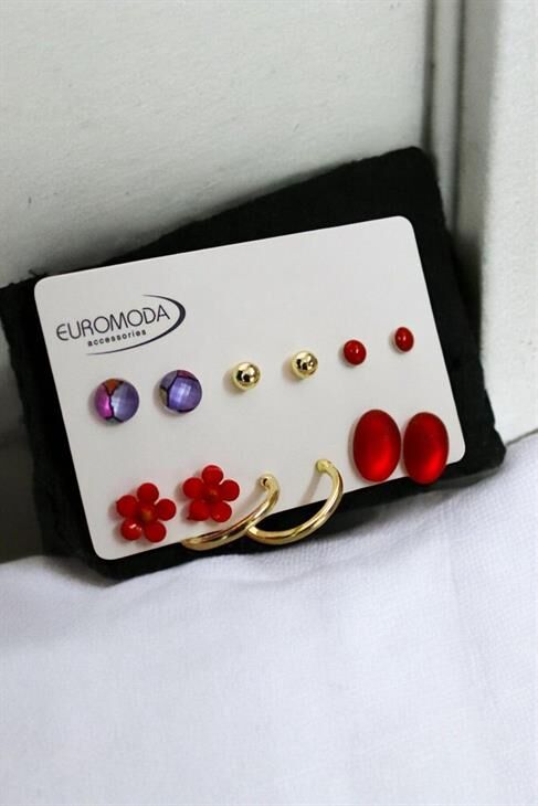 Halka Papatya Rengarek Küpe Tasarımlı Top ve Tektaşlı 6lı Kırmızı Küpe Seti