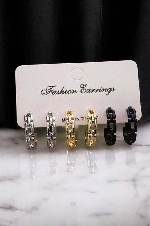 Gold Gümüş ve Siyah Renkleri 3lü Halka Küpe Seti