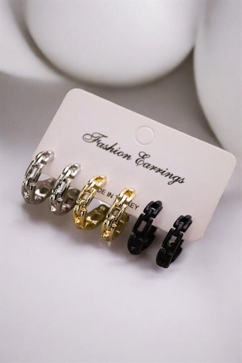 Gold Gümüş ve Siyah Renkleri 3lü Halka Küpe Seti