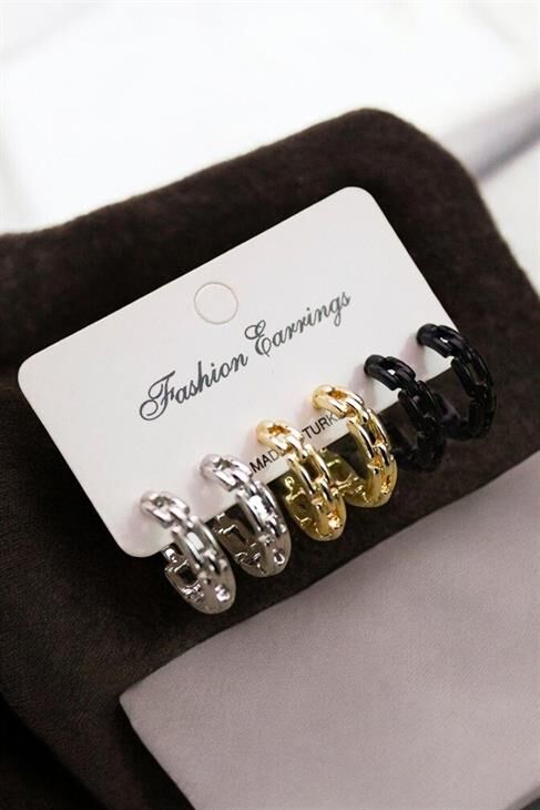 Gold Gümüş ve Siyah Renkleri 3lü Halka Küpe Seti