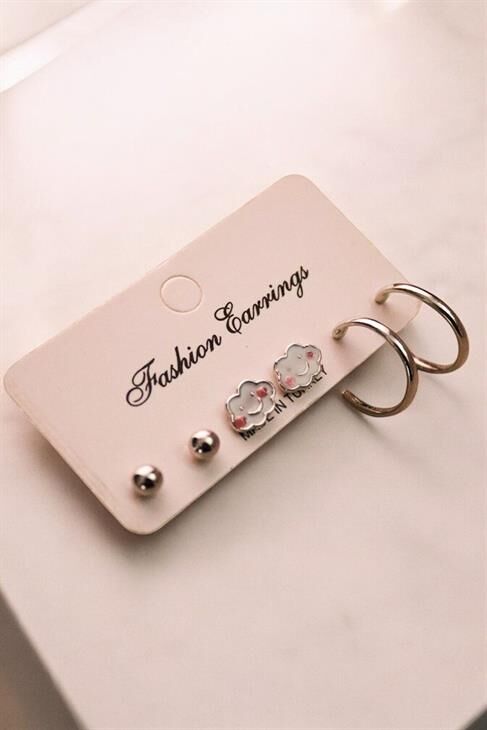 Gümüş Renk Bulut Halka ve Top Küpeli 3lü Çocuk Genç Küpe Seti