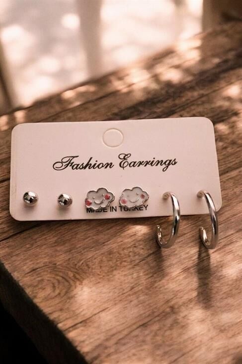 Gümüş Renk Bulut Halka ve Top Küpeli 3lü Çocuk Genç Küpe Seti