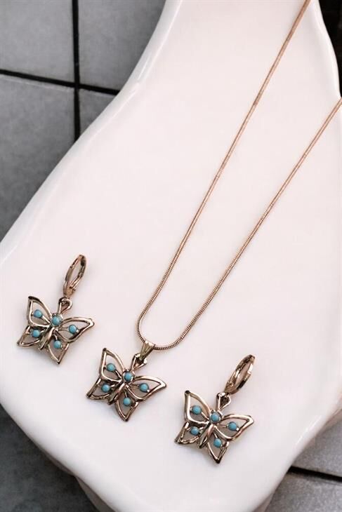 Gümüş Renkli Kelebek Tasarımlı Kolye Küpe Takı Seti