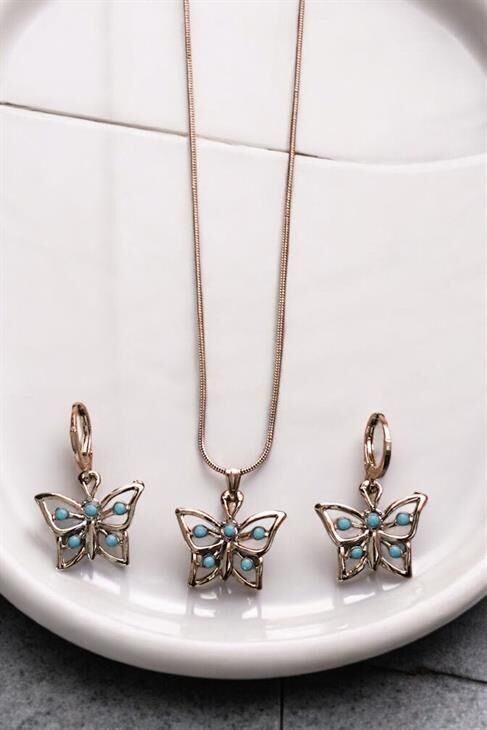 Gümüş Renkli Kelebek Tasarımlı Kolye Küpe Takı Seti