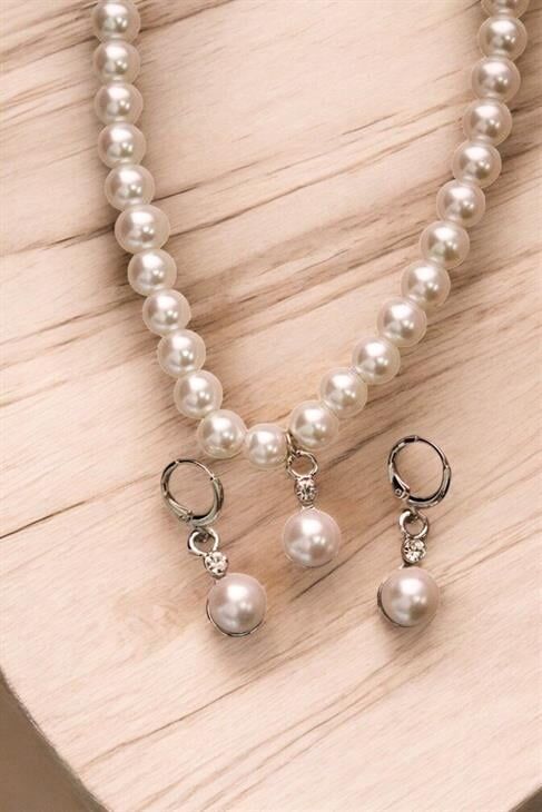 Beyaz İnci Tasarımlı Kolye Küpe Takı Seti