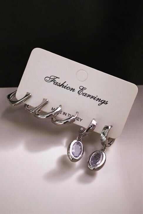 DamlaTasarımlı Beyaz Taşlı Sallantılı Küpe Halka Küpe 3lü Set