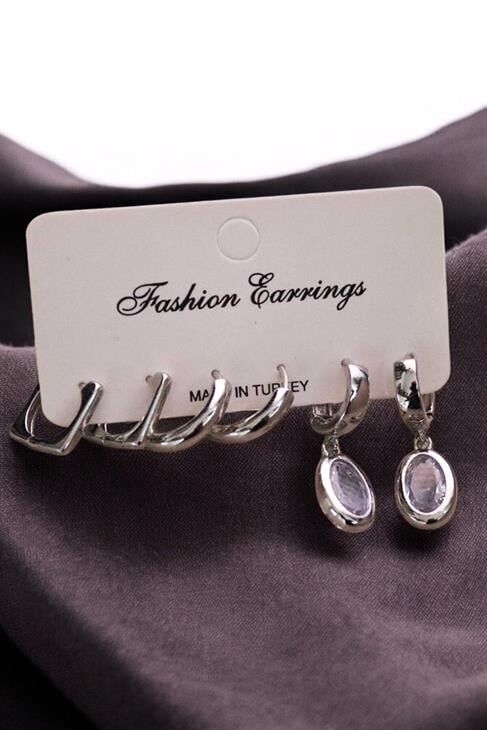 DamlaTasarımlı Beyaz Taşlı Sallantılı Küpe Halka Küpe 3lü Set