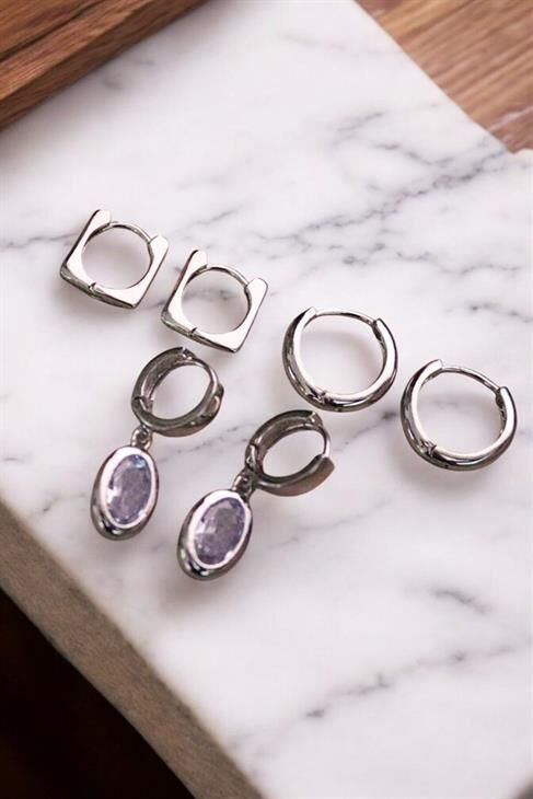 DamlaTasarımlı Beyaz Taşlı Sallantılı Küpe Halka Küpe 3lü Set