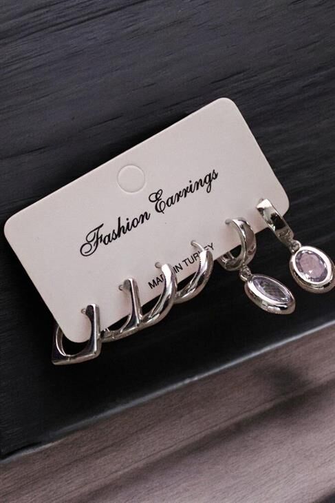 DamlaTasarımlı Beyaz Taşlı Sallantılı Küpe Halka Küpe 3lü Set