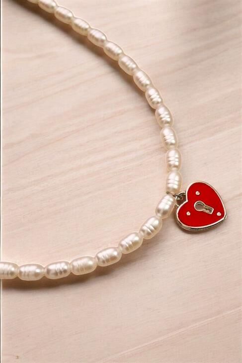 Kalp Tasarımlı Sedef Renkli Oval İncili Tasarımlı Kolye Küpe Takı Seti