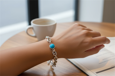 ÖZEL TASARIMLI GÜMÜŞ KAPLAMALI BONCUK DETAYLI ZİNCİR BİLEKLİK