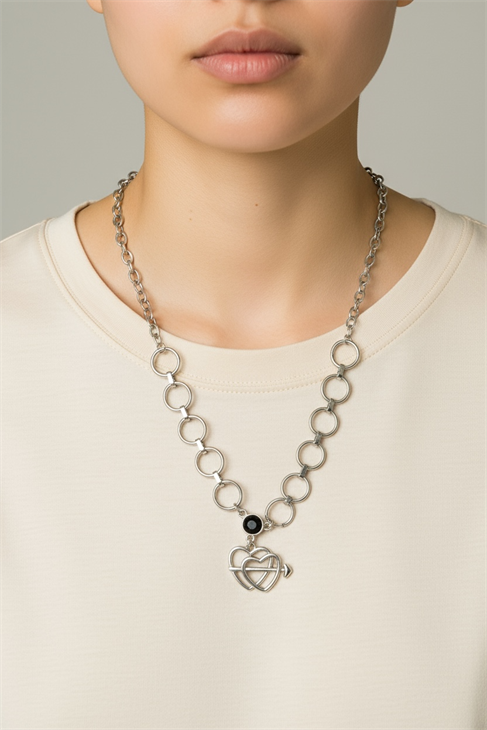 ÖZEL TASARIMLI GÜMÜŞ KAPLAMALI İÇ İÇE KALP TASARIMLI ZİNCİR KOLYE