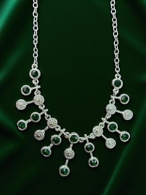 ÖZEL TASARIMLI YUVARLAK YEŞİL TAŞ  DETAYLI GÜMÜŞ KAPLAMA KOLYE