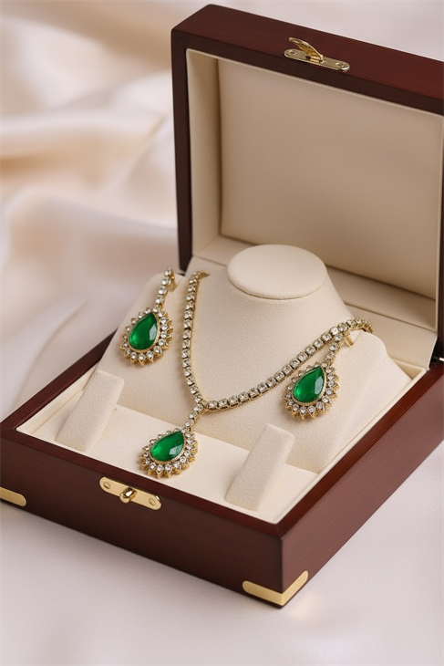 ÖZEL TASARIMLI DAMLA DETAYLI ZİRKON TAŞLI GÜMÜŞ KAPLAMA STRAS KOLYE KÜPE TAKIM