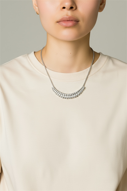 ÖZEL TASARIMLI GÜMÜŞ KAPLAMALI ZİRKON TAŞLI ÖRGÜ ZİNCİRLİ GERDANLIK KOLYE