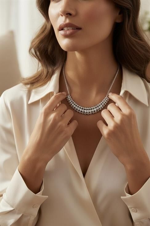 ÖZEL TASARIMLI GÜMÜŞ KAPLAMALI ZİRKON TAŞLI ÖRGÜ ZİNCİRLİ GERDANLIK KOLYE