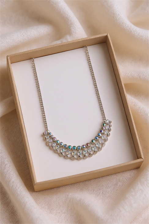 ÖZEL TASARIMLI GÜMÜŞ KAPLAMALI ZİRKON TAŞLI ÖRGÜ ZİNCİRLİ GERDANLIK KOLYE