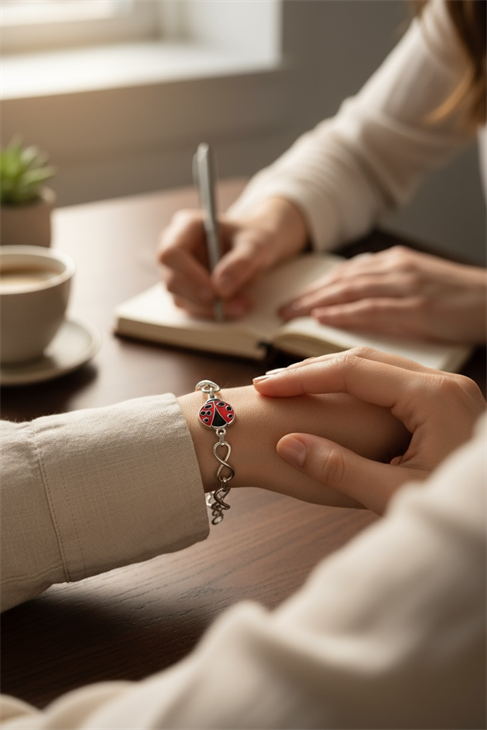 ÖZEL TASARIMLI GÜMÜŞ KAPLAMALI UĞUR BÖCEKLİ ZİNCİR BİLEKLİK