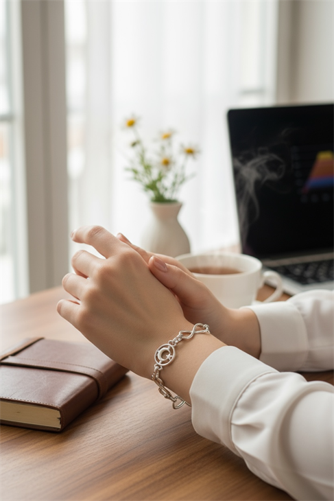 ÖZEL TASARIMLI GÜMÜŞ KAPLAMALI AY YILDIZ DESENLİ ZİNCİR BİLEKLİK