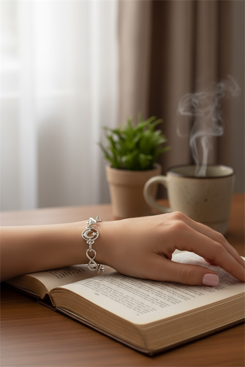 ÖZEL TASARIMLI GÜMÜŞ KAPLAMALI AY YILDIZ DESENLİ ZİNCİR BİLEKLİK