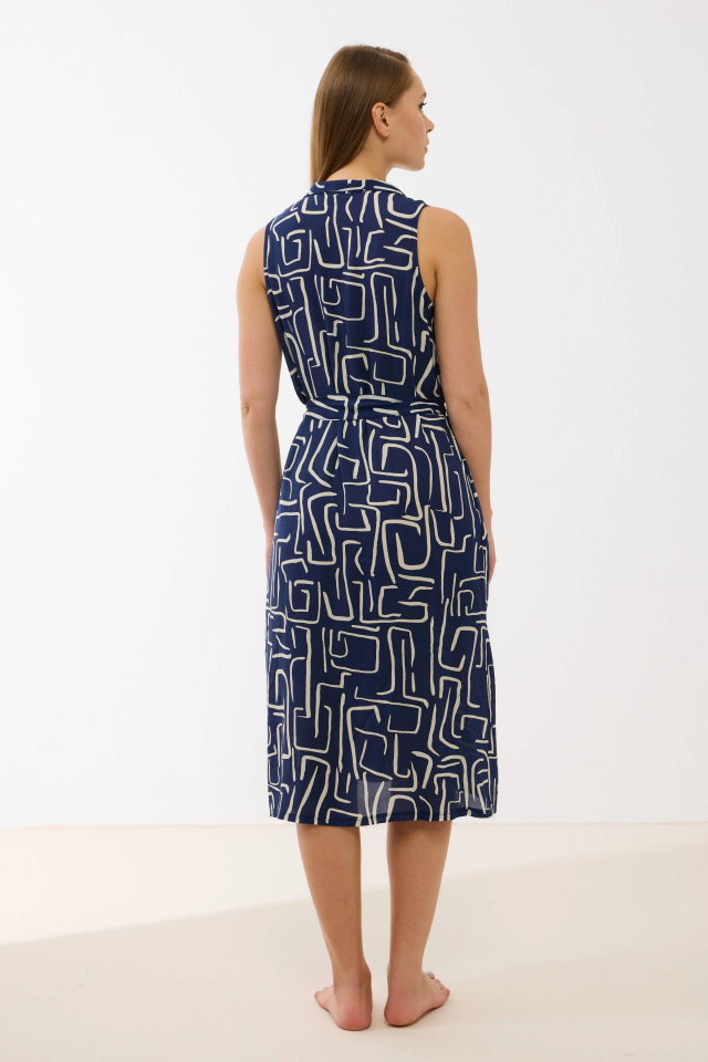 Anıl 11799 Kadın Sıfır Kol Önü Düğmel Desenlii Elbise