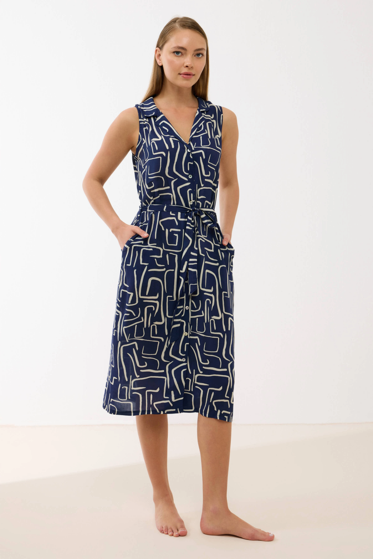 Anıl 11799 Kadın Sıfır Kol Önü Düğmel Desenlii Elbise