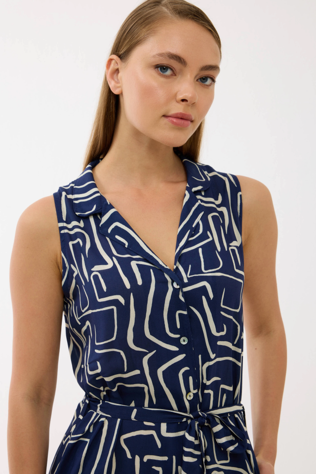 Anıl 11799 Kadın Sıfır Kol Önü Düğmel Desenlii Elbise