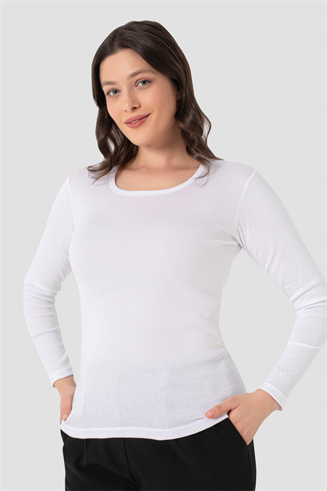 Kadın Beyaz Tişört Uzun Kollu Badi Fanila %100 Pamuk Ribana