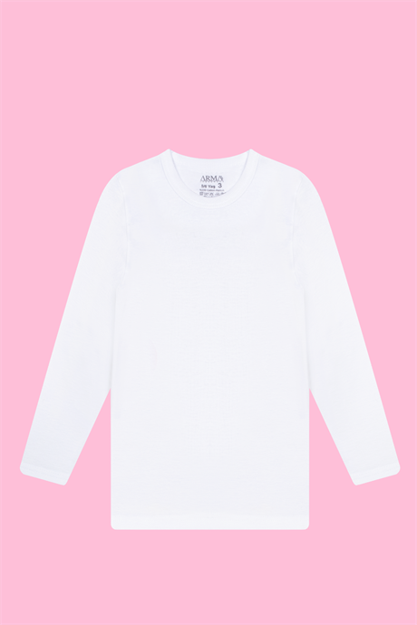 Kız Çocuk Fanila Tişört Uzun Kollu Badi Beyaz %100 Pamuk Ribana