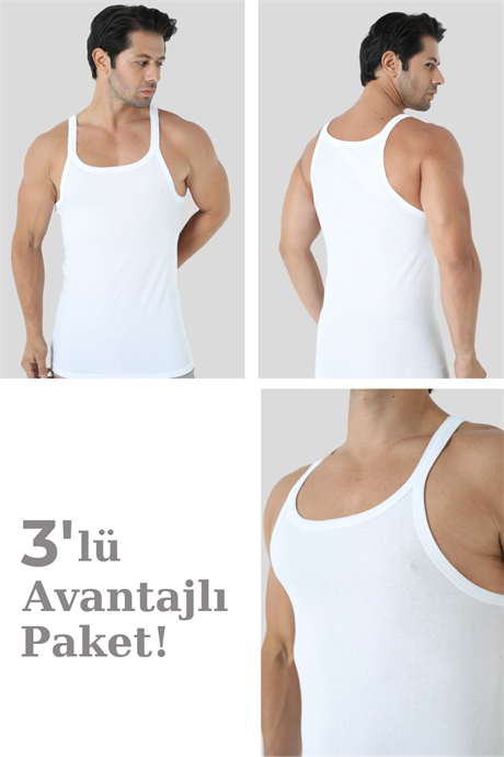 Erkek Beyaz İnce Askılı Atlet 3'lü Paket Pamuklu Ribana Esnek Kumaş