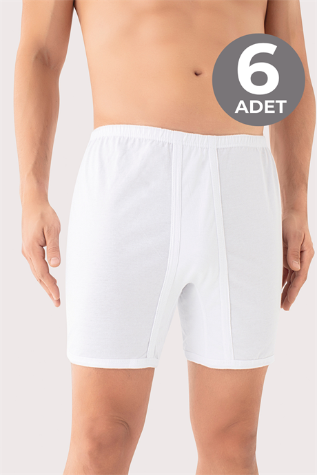 Erkek Paçalı Külot Boxer 6'lı Paket Beyaz %100 Pamuk Penye